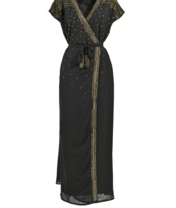 Robe longue noire élégante avec perles dorées, col en V, manches courtes, coupe ample, style portefeuille à nouer, pour soirée, été, en mousseline 100% coton - Product Image 2