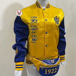 Sigma Gamma Rho SGRho Satin Bomber Jacket Sorority Greek Letters Blue Gold Satin Jacket - Product Image 1