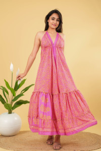 Indian Handmade <b>Silk</b> Floral Printed Floor-Length V-neck Formal Party Halter <b>Dress</b> Summer Women's - Product Image 4