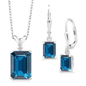925 Sterling Silver CZ London Blue Topaz Boucles d'oreilles Collier Round Cut London Blue Topaz Jewelry Set