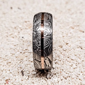 A <b>Stainless</b> Damascus <b>Steel</b> <b>Ring</b>, Hand Forged With An Inlay Of Rose Gold Gift For Your Engagement And Your Weeding. - Product Image 4