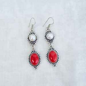 Pendientes de Coral Rojo y Perla con Múltiples Piedras, Plata 925, Hechos a Mano, Cristal, Estilo Boho, Regalo para Ella - Product Image 4