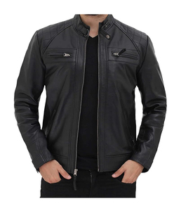 เสื้อแจ็กเก็ตหนังเทียมแท้ของผู้ชายแบบเข้ารูปพอดีตัวสีดำผ้าเชอร์ปามีฮู้ดคอเสื้อพร้อมการตกแต่งขนสัตว์สำหรับนักขี่มอเตอร์ไซค์ - Product Image 1