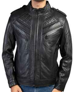 Chaqueta de motorista para hombre personalizada de alta calidad Premium 100% cuero Real negro transpirable edredón forro estilo clásico chaqueta cuello alto - Product Image 2
