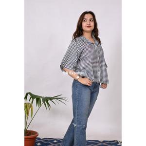 Femmes Designer coton lin Handloom Blouse motif à carreaux tenue de cérémonie pour le bureau saison d'été décontracté coupe ample bouton - Product Image 2