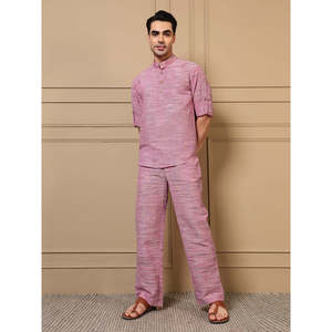 Amanush <b>Men's</b> Pink Textured Plaited Cotton Co-ord Set Full Sleeve Mandrin Collar <b>Kurta</b> With <b>Pajama</b> Casual Summer Wear Outfit - Product Image 6