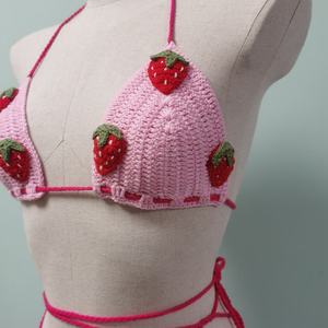Nouvel ensemble de maillot de bain 2 pièces sexy en crochet fait main, style européen-américain, avec jupe, couvre-bouteille, chapeau et bandanas, motif fraise, pour l'été - Product Image 4