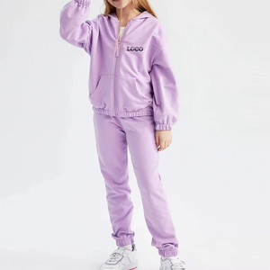 Conjunto de chándal deportivo infantil de manga larga de invierno de alta calidad para niñas, precio al por mayor, chándal con capucha y cremallera completa lisa - Product Image 4