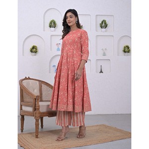 Ensemble Kurta Anarkali et pantalon en coton imprimé pêche, richement brodé, style pakistanais, pour tenue de soirée, en soie - Product Image 4