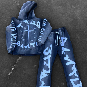 Personalizado de los hombres de peso pesado de algodón Zip-Up acampanado completo chándales bordado parche sudaderas con capucha pantalones de chándal conjuntos ecológicos de talla grande - Product Image 3