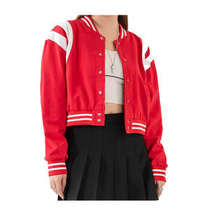 Custom Patches Logo Top Crop <b>Women</b> Baseball <b>Bombers</b> <b>Jacket</b> Red with White Stripe Chenille Applique Patches Embroidered Racing - Product Image 1