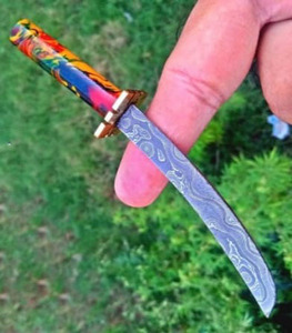 Mini cuchillo de chef japonés de acero de Damasco personalizado hecho a mano, hoja de resina de madera de acero inoxidable forjado de alta calidad, mango de cuero - Product Image 5