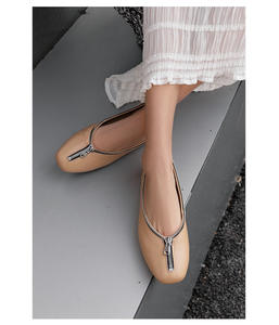 รองเท้าส้นเตี้ยหนังแท้สีเบจสำหรับผู้หญิงรองเท้าบัลเล่ต์มีซิปที่ไม่ซ้ำใครใส่สบายสำหรับฤดูหนาว - Product Image 5