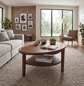 Modern Oak <b>Coffee</b> <b>Table</b> with Lower Shelf and Solid Oak Frame <b>Oval</b> Shape for Living Room-MT Furniture 3-Year Warranty - Product Image 6