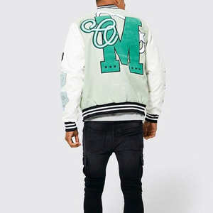 Veste universitaire avec manches en cuir contrasté et blouson bomber de baseball en laine mélangée vêtements d'extérieur streetwear décontractés - Product Image 2