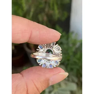 925 Silver London Blue Topaz <b>Moonstone</b> <b>Ring</b> Geometric Marquise Design Rhodium Plating for Everyday Wear IGI Certified Gemstone - Product Image 4