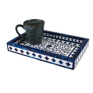 Handcrafted Modern Blue White Geometric Pattern Bone Inlay Wooden Serving Tray Budget-Friendly Home Decor for Weddings Diwali - Product Image 1