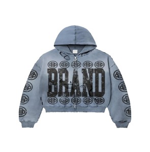 Heavy Weight French Terry Men Hoodie Acid Wash Sudadera con capucha desgastada Sun Faded Cracked Worn Cropped Boxy Zip up Hoodie para hombres - Product Image 1