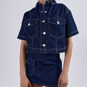 Conjuntos de dos piezas de mezclilla para mujer OEM ODM logotipo personalizado + diseño + etiquetas + colores conjunto de traje de mezclilla lavado oscuro para mujer moda - Product Image 1