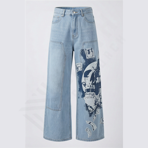กางเกงยีนส์เดนิมสีน้ำเงินทรงหลวมสไตล์ฮิปฮอปสำหรับผู้ชาย พิมพ์ลายตามสั่ง ขายส่งจากโรงงานโดยตรง สีอ่อน ทรงตรง แบบ 3 มิติ จำนวนมาก - Product Image 1