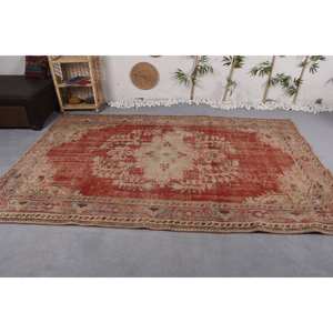 Alfombra de área grande Oriental Vintage, patrón de pasillo rectangular de retazos de lana rojo y Beige, látex de 10mm para uso en dormitorio, 6,3x9,4 pies - Product Image 3