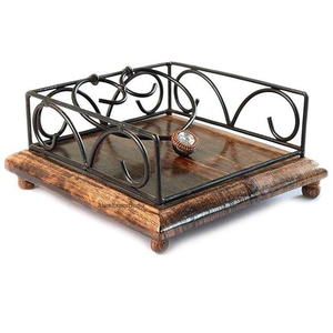 Wooden Base Unique Design Iron Wire Black Coated Square Shape Napkin Holder Tissue Holder <b>Paper</b> Holder Tabletop Decoration Homes - Product Image 1