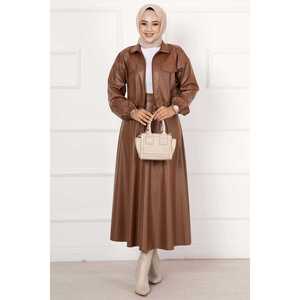Conjunto de Traje de Cuero Color Bronceado para Mujer, Conjunto de Falda Elegante - Product Image 4