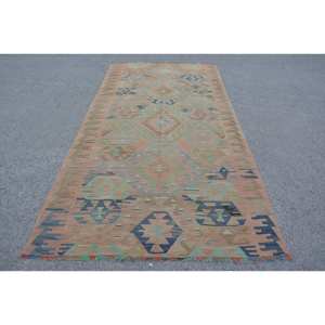 Classic Kilim Rug 4.9 X 9.8ft Handmade Brown Green Polyester Wool Latex Vintage Turkish Rectangle Patchwork Design for Living - Product Image 1