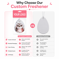 Diffuseur de parfum pour voiture en forme de hibou, avec logo personnalisé, senteurs longue durée rose, lavande, vanille, frais, en papier suspendu.