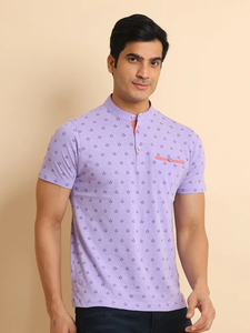 T-shirt à manches courtes de qualité supérieure pour homme Coupe régulière avec poche en os unique Imprimé à col mandarin Tenue décontractée - Product Image 5