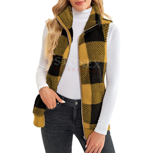 Veste polaire femme sans manches avec poches chaud fermeture éclair vêtements d'extérieur léger Plaid col montant gilet - Product Image 1