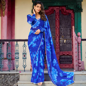 Saree doux en mousseline de soie Premium avec bordure en dentelle perlée imprimée florale Parfait pour tous les événements - Product Image 5