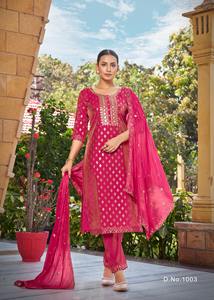 Kurti PANT และ dupatta ผู้ผลิตจากอินเดียเคี่ยวเคี่ยววิสคอสบริสุทธิ์ด้วยการปักและพิมพ์สีทอง - Product Image 3