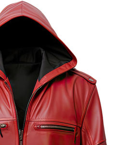 <b>Men's</b> Genuine <b>Sheepskin</b> Leather Hooded <b>Jacket</b> Red Zip-Up Windproof Waterproof High Street Style Customizable High Quality - Product Image 3