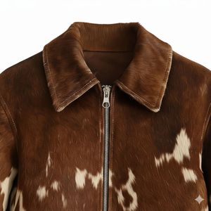 Veste en cuir de vachette à imprimé vache marron et blanc pour femmes, veste de motard, mode d'hiver - Product Image 4