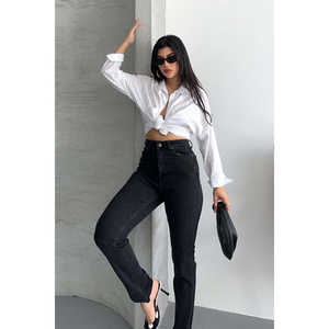 Jean en denim taille haute Mom Fit, délavage foncé, élément de mode simple, lavable - Product Image 6