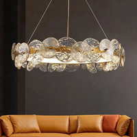 Lustre moderne de luxe en or, lustre rond à LED, lustre en verre texturé en forme de feuille de lotus pour salon, salle à manger