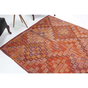 5.4x6.2 ft Rug, Vintage Rug, Turkish <b>Red</b> <b>Wool</b> Striped Rug - Product Image 1