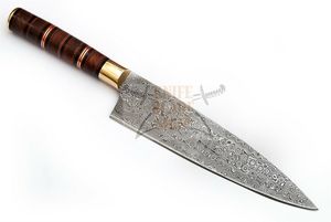 มีดทำครัวเหล็กดามัสกัสคุณภาพสูงแบบสั่งทำพิเศษ พร้อมด้ามจับทองเหลืองและปลอกหนัง - Product Image 5