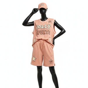 Ensemble short de basketball pour femmes, tissu polyester respirant 180 GSM, panneau contrastant couleur pêche, logo personnalisé, ensembles pour femmes 100% coton - Product Image 6