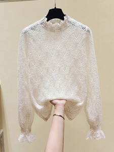 2025 Autumn Winter Women's T-shirts <b>Lace</b> Chic O-Neck Long <b>Sleeve</b> Casual Loose Female Basic - Product Image 3