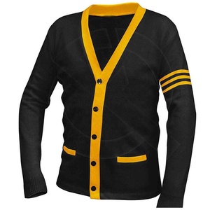 <b>Black</b> Old Gold Varsity <b>Cardigan</b> Knitted High Quality V Neck Front <b>Pocket</b> Breathable Heavyweight <b>Long</b> Sleeves - Product Image 1