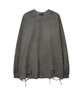 Sudadera con capucha personalizada de cuello redondo para hombre Sudadera lavada vintage de alta calidad Sudadera con capucha de diseño rasgado - Product Image 2