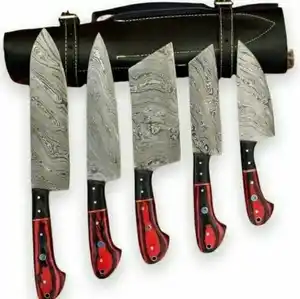 Benutzer definierte handgemachte Damast stahl 5 Stück Kochmesser Küchenmesser Set mit Pakka Holzgriff und Ledertasche