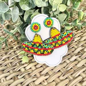 Statement Fashionable Round Pink Embroidered <b>Glass</b> Beads Drop Earrings - Product Image 1