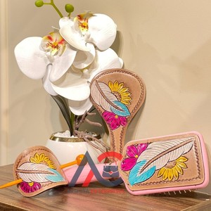 Hot Sale Handcrafted <b>Engraved</b> <b>Tooled</b> Leather Women 3 Pieces Set Carved Leather Hair Brush Hand Mirror & Hair Stick Vanity Sets - Product Image 1