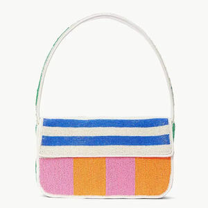 Sac à bandoulière de luxe multicolore à rayures perlées pour femme, petit sac à rabat rectangulaire en perles, pochette de soirée - Product Image 1