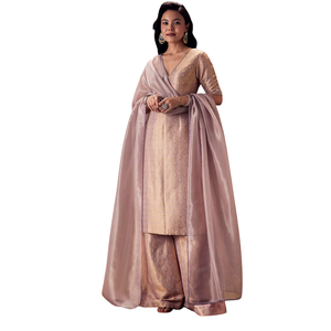 Lilac Brocade Embroidered <b>Kurta</b> With Palazzo And Dupatta Wholesale Women Ethnic Apparel OEM Clothing Factory Supplier Custom - Product Image 1