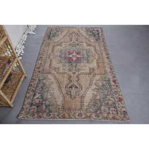 Tapis turc Vintage Beige 4.1 X 7.1ft fait à la main en peluche Pile hauteur laine fourrure Latex rectangulaire Patchwork pour chambre pour les adolescents - Product Image 1
