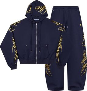 Ensemble survêtement bleu marine à capuche et pantalon de jogging avec imprimé lettrage doré, décontracté, respirant, pour adultes, toutes saisons - Product Image 1